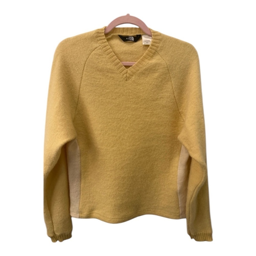 Vtg The North Face Yellow V-Neck Colorblock Sweater 100% Wool 90’s Y2K
